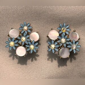 Vintage Coro Flower Clip On Earrings Soft Plastic Aurora Borealis Rhinestone EUC